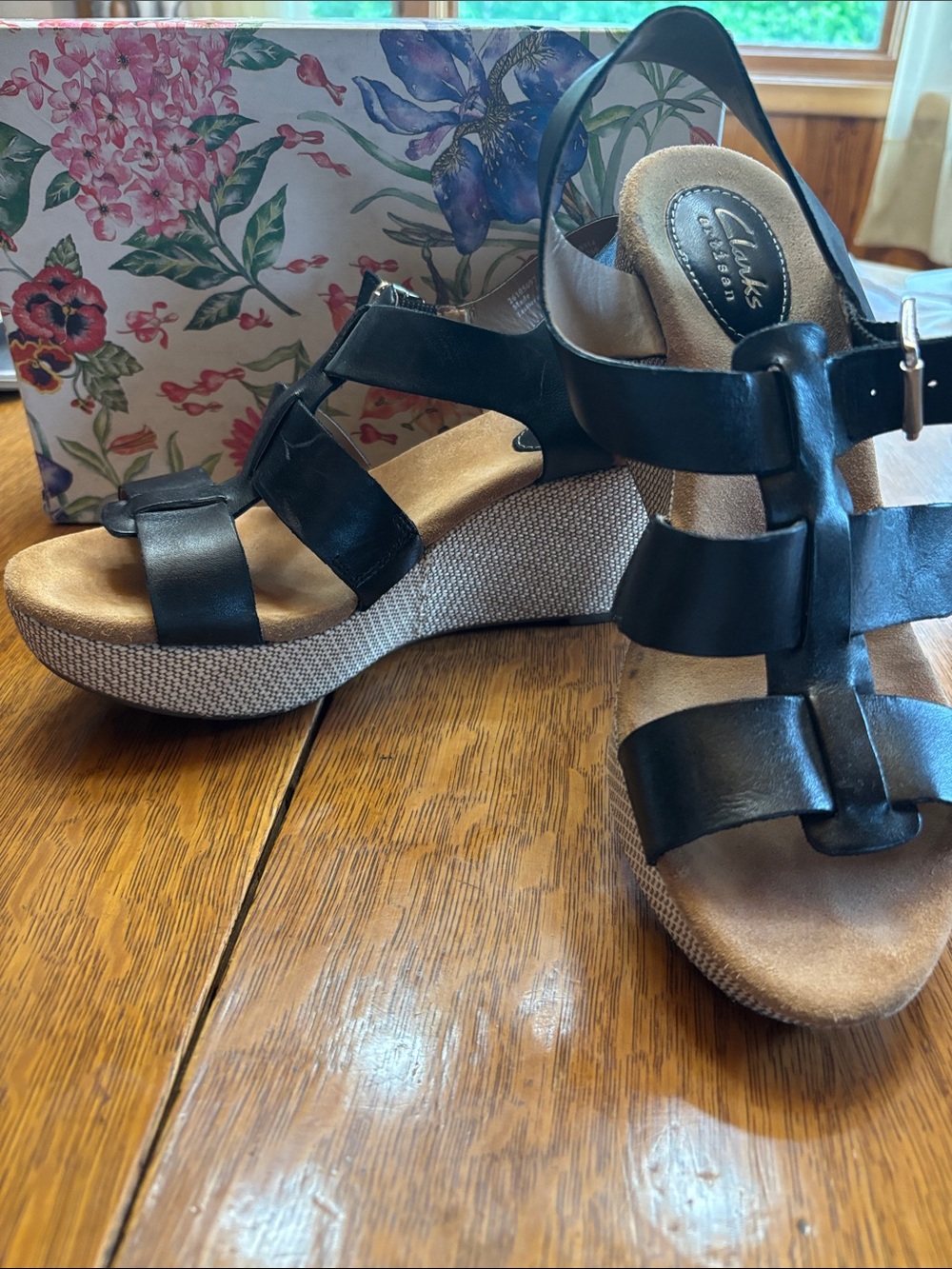 Clarks Black Leather Strappy Wedge Sandals